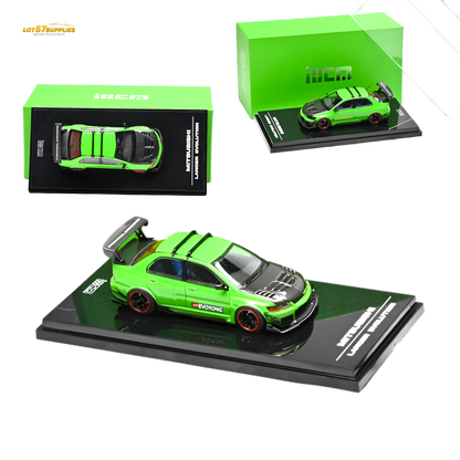 Mitsubishi Lancer Evo IX diecast model in parrot green by Lot57Supplies, detailed 1:64 scale collectible car.