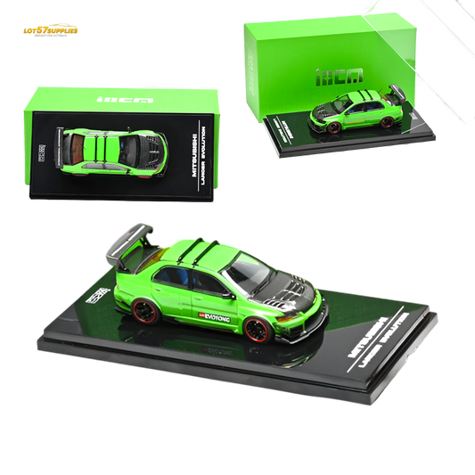 Mitsubishi Lancer Evo IX diecast model in parrot green by Lot57Supplies, detailed 1:64 scale collectible car.