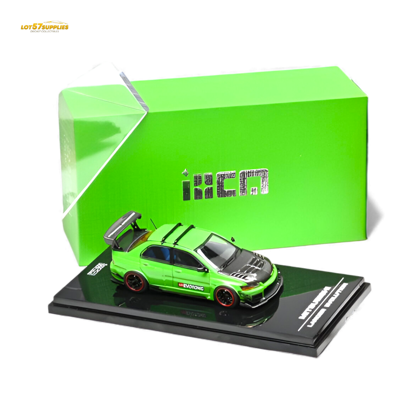 Green Mitsubishi Lancer Evo IX diecast model in 1:64 scale by Lot57Supplies, detailed green Mitsubishi car with realistic features.