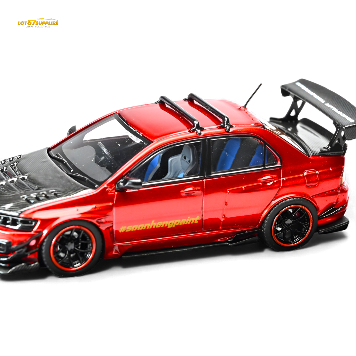Metallic red Mitsubishi Lancer Evo IX diecast model car, 1:64 scale from Lot57Supplies Diecast Shop, detailed and realistic.