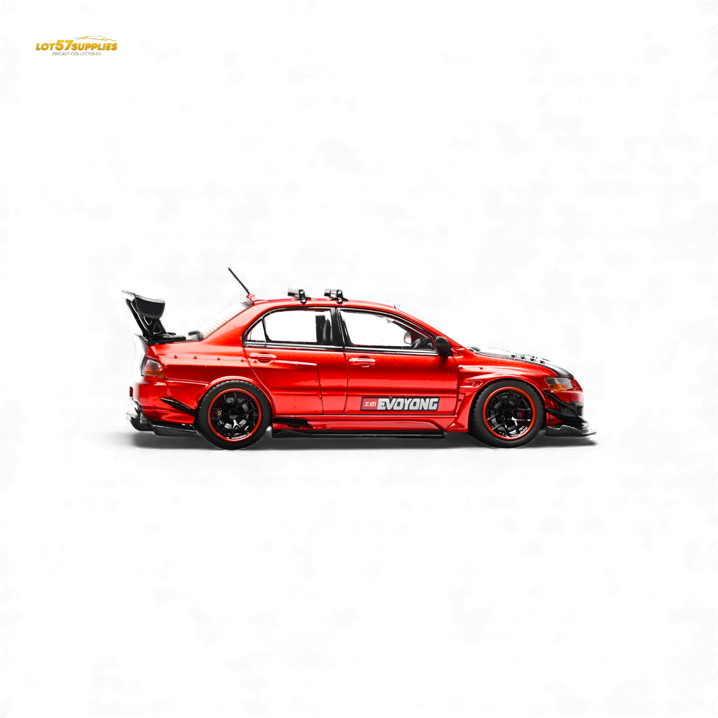 Metallic red Mitsubishi Lancer Evo IX diecast model car in 1:64 scale, detailed miniature from Lot57Supplies Diecast Shop.