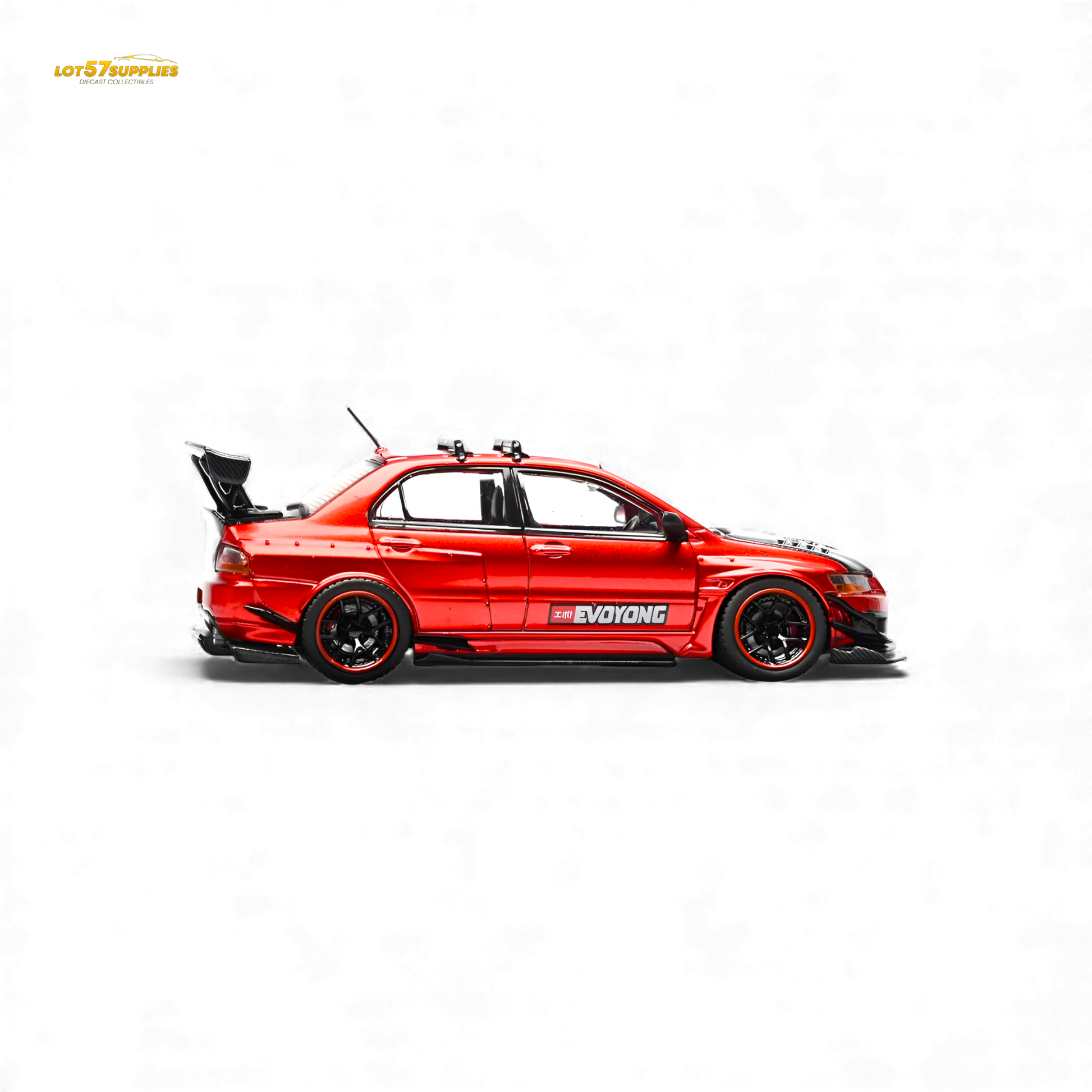 Metallic red Mitsubishi Lancer Evo IX diecast model car in 1:64 scale, detailed miniature from Lot57Supplies Diecast Shop.
