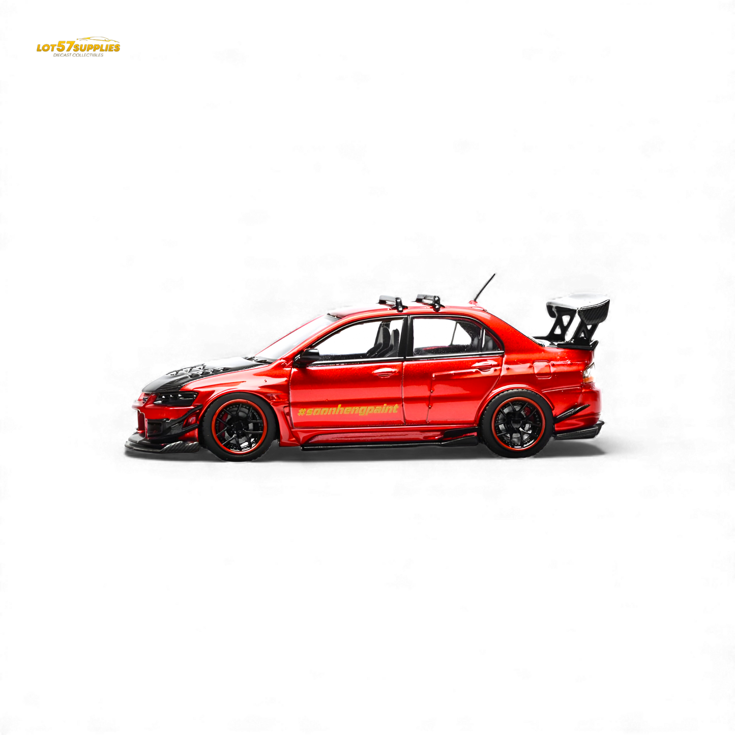 Pre-order Mitsubishi Lancer Evo IX diecast model in metallic red by Lot57Supplies, 1:64 scale, detailed collectible car.
