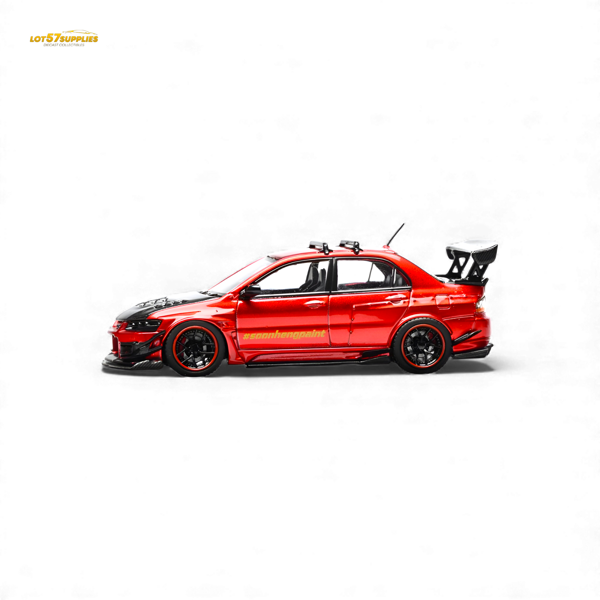 Pre-order Mitsubishi Lancer Evo IX diecast model in metallic red by Lot57Supplies, 1:64 scale, detailed collectible car.