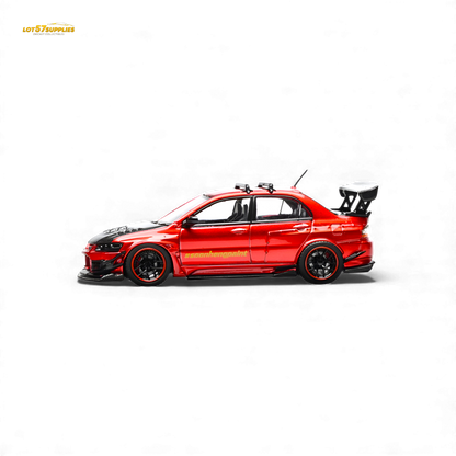 Pre-order Mitsubishi Lancer Evo IX diecast model in metallic red by Lot57Supplies, 1:64 scale, detailed collectible car.