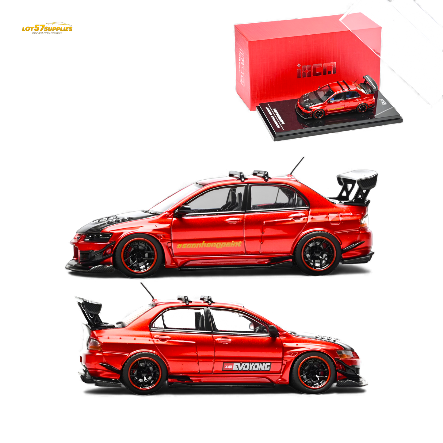 Metallic red Mitsubishi Lancer Evo IX diecast car by Lot57Supplies, 1:64 scale, detailed miniature model for collectors.