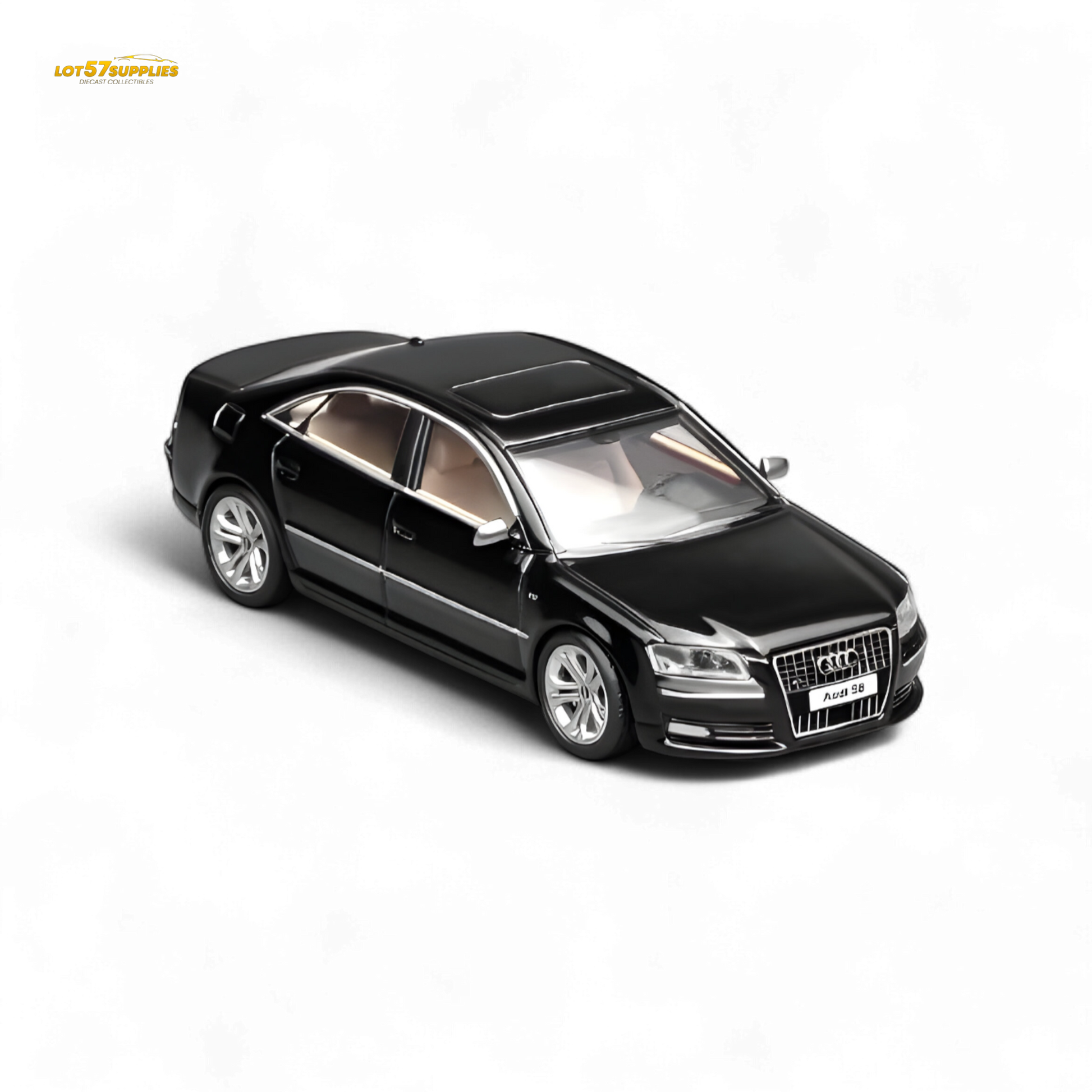 Diecast Audi S8 D3 model in brilliant black, 1:64 scale from Lot57Supplies Diecast Shop, showing detailed exterior features.