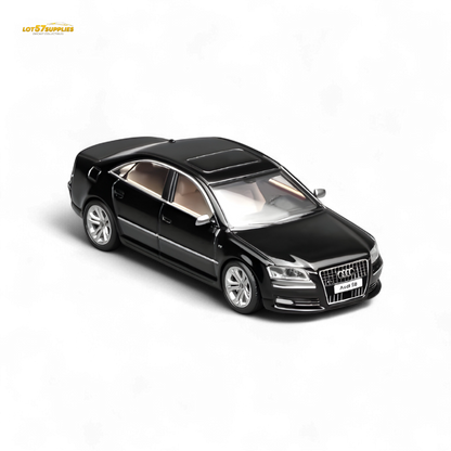 Diecast Audi S8 D3 model in brilliant black, 1:64 scale from Lot57Supplies Diecast Shop, showing detailed exterior features.