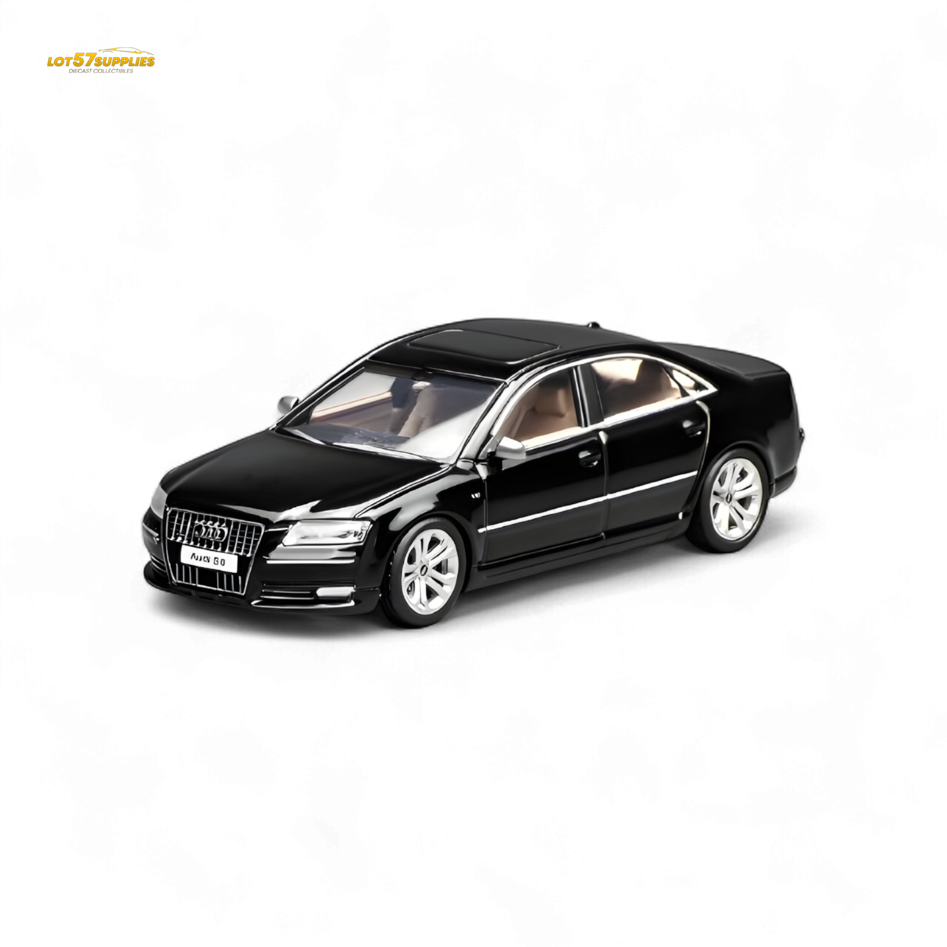 Diecast Audi S8 D3 in Brilliant Black, 1:64 scale model by Lot57Supplies Diecast Shop, showing detailed exterior of the car.
