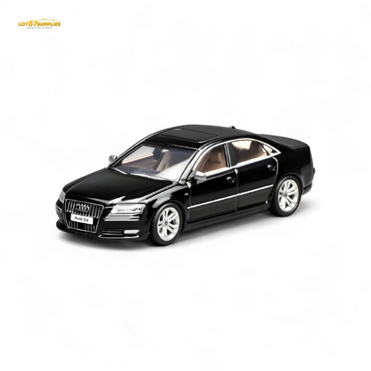 Diecast Audi S8 D3 in Brilliant Black, 1:64 scale model by Lot57Supplies Diecast Shop, showing detailed exterior of the car.
