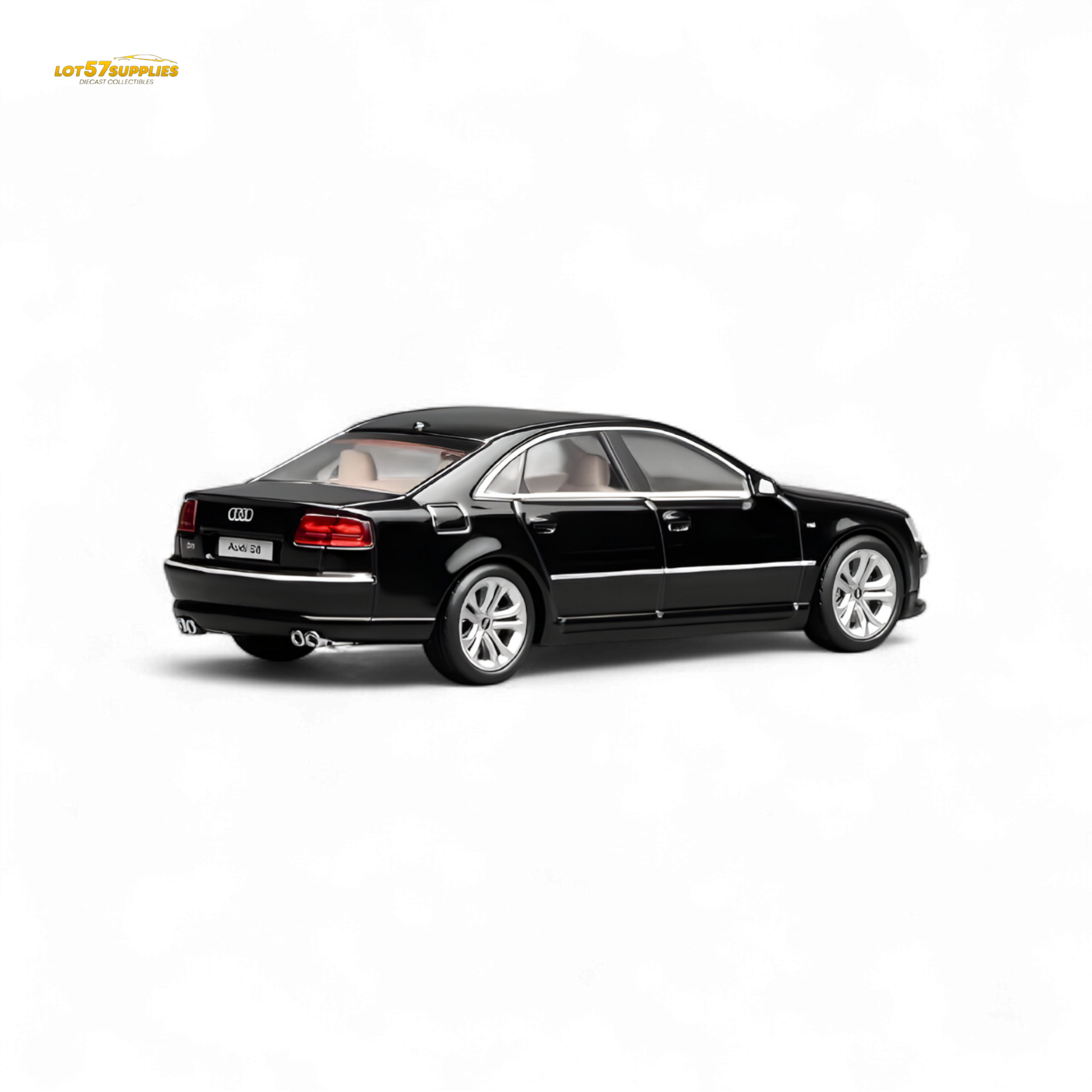 Detailed image of a 1:64 scale Motorhelix Audi S8 D3 diecast car in brilliant black, showcasing the sleek exterior design.