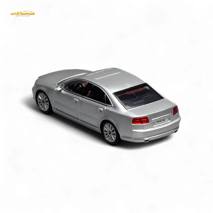 Miniature Audi A8 D3 facelift diecast model in 1:64 scale by Motorhelix, detailed silver diecast car for collectors.