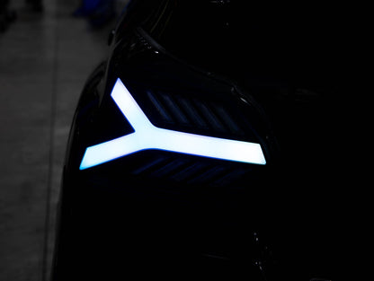 OLM Y-Spec LED taillights for 2015-2021 Subaru WRX/STI with smoke lens and RGB optic, showcasing sleek tail light design.