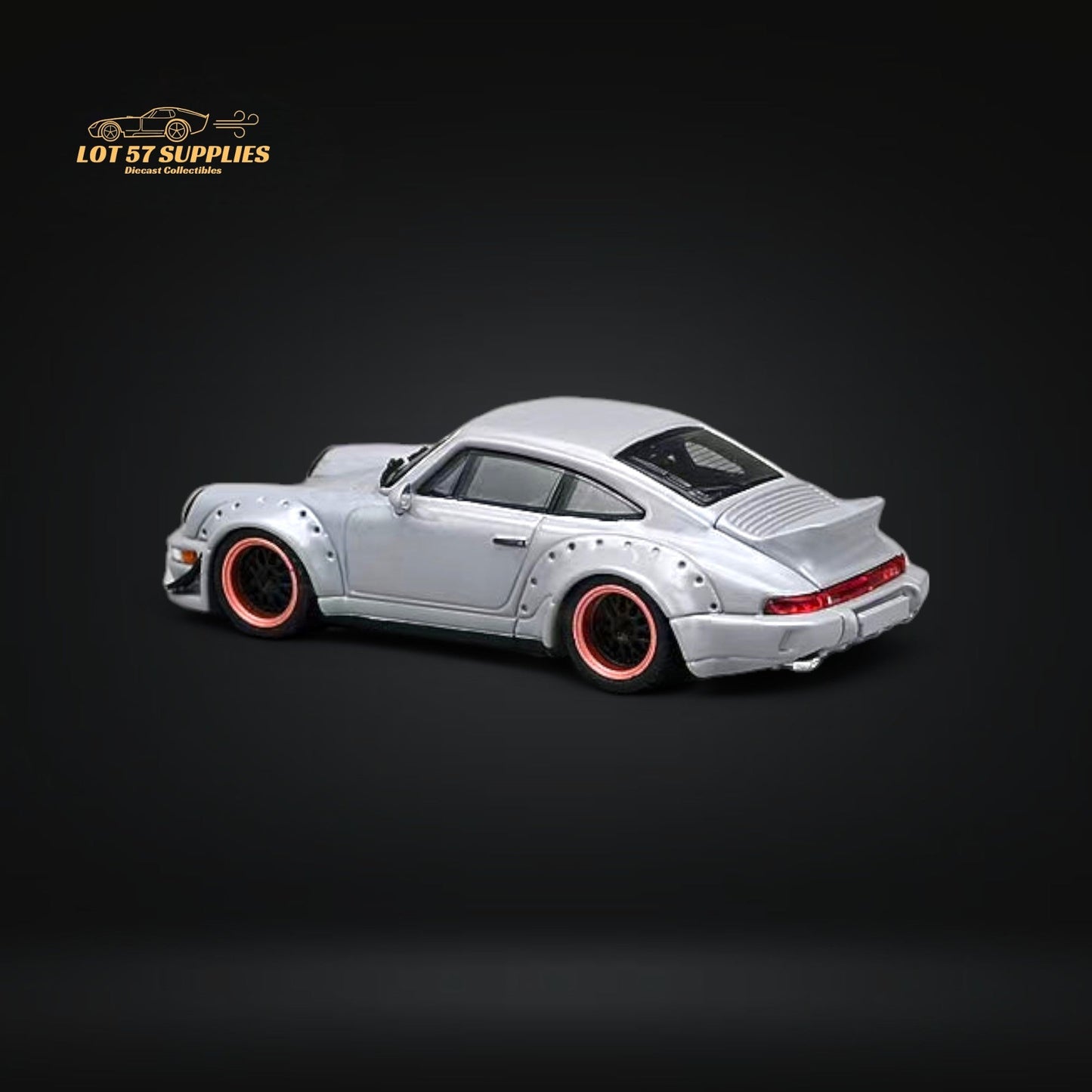 Gray diecast Porsche 964 widebody model in 1:64 scale from Lot57Supplies Diecast Shop, detailed view of the miniature car.