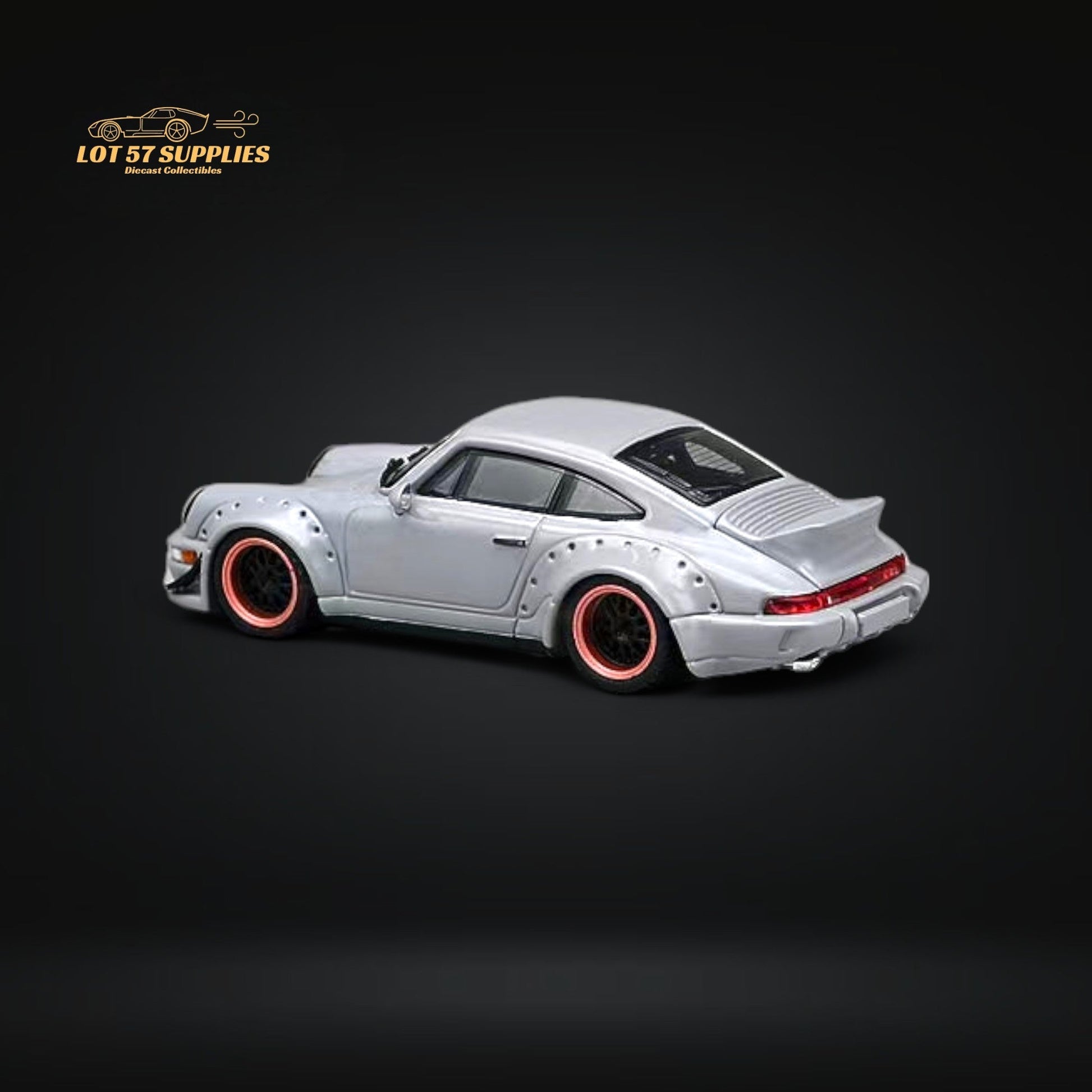 Gray diecast Porsche 964 widebody model in 1:64 scale from Lot57Supplies Diecast Shop, detailed view of the miniature car.