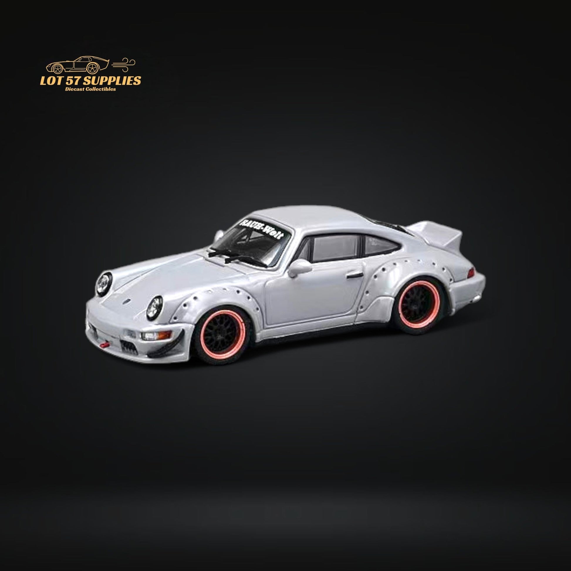 Close-up of a Nero Gray 1:64 scale CM Model Porsche 964 Widebody diecast car by Lot57Supplies Diecast Shop.