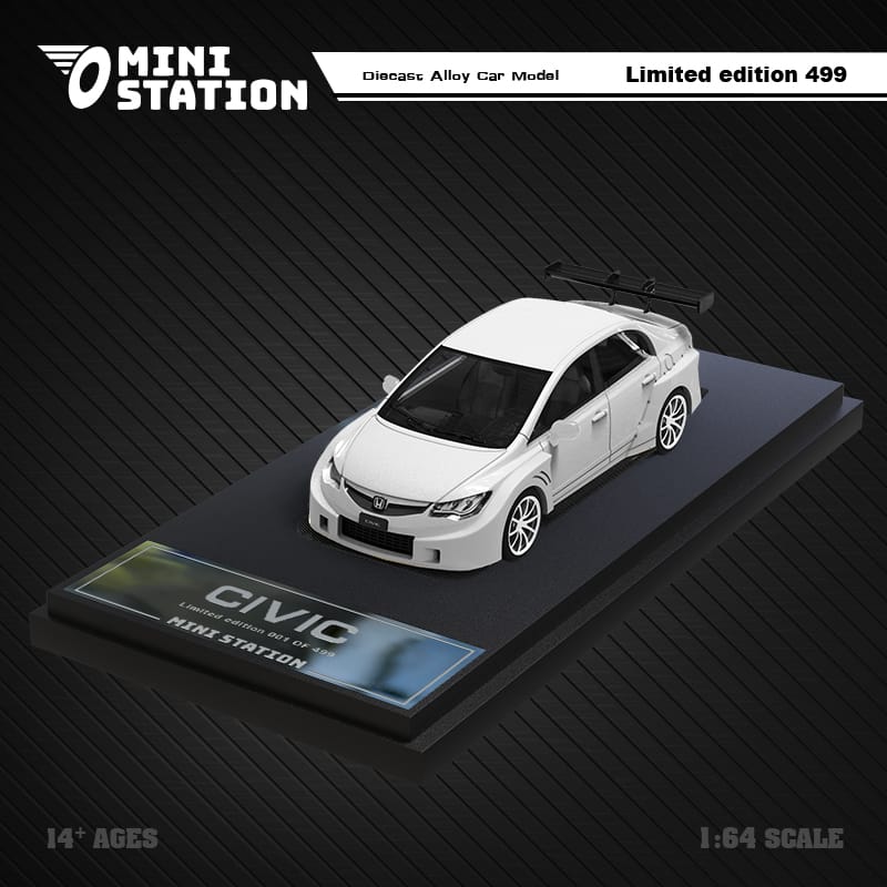 White Honda Civic FD2 Mini Station diecast car with widebody kit, 1:64 scale, detailed model from Lot57Supplies Diecast Shop.