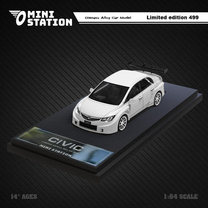 White Honda Civic FD2 Mini Station diecast car with widebody kit, 1:64 scale, detailed model from Lot57Supplies Diecast Shop.