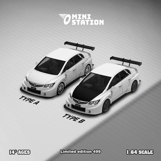 White Honda Civic FD2 Mini Station diecast model in widebody design, 1:64 scale, from Lot57Supplies Diecast Shop.