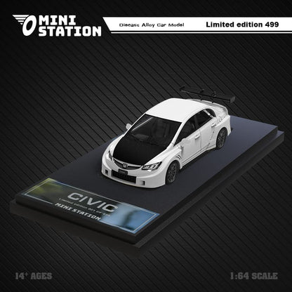 White Honda Civic FD2 Mini Station diecast model in widebody style, 1:64 scale, by Lot57Supplies Diecast Shop.