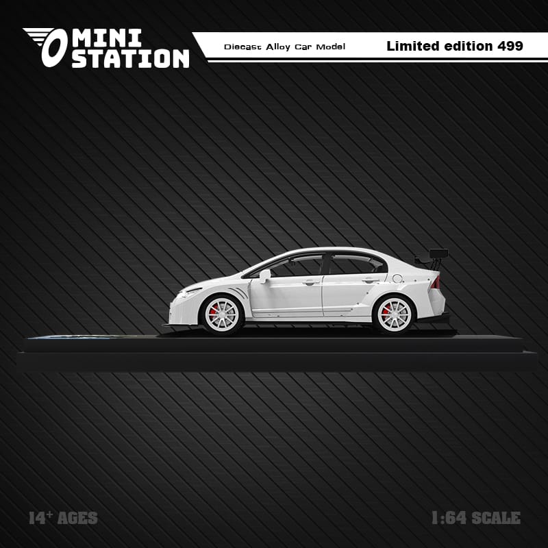 White Honda Civic FD2 Mini Station diecast model in widebody style, 1:64 scale, detailed design by Lot57Supplies Diecast Shop