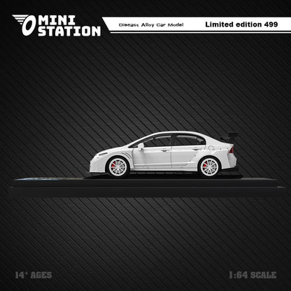 White Honda Civic FD2 Mini Station diecast model in widebody style, 1:64 scale, detailed design by Lot57Supplies Diecast Shop