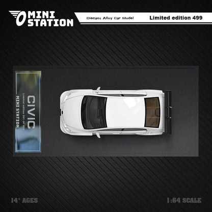 White Honda Civic FD2 mini diecast model with widebody kit, 1:64 scale by Lot57Supplies Diecast Shop.