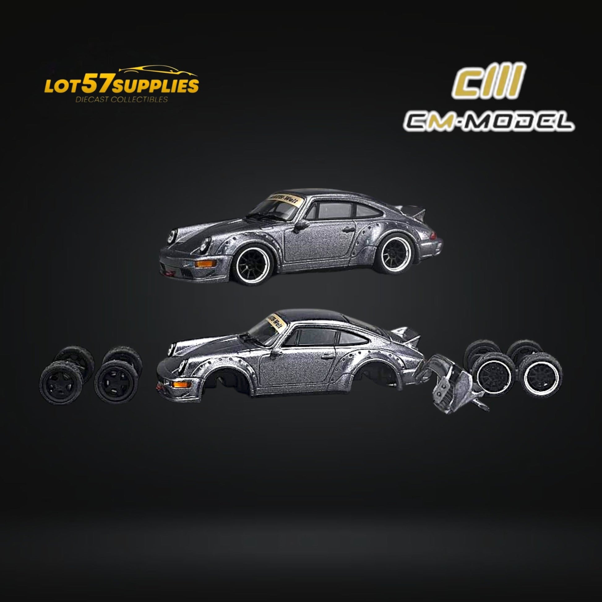Metallic gray 1:64 scale Porsche 964 widebody diecast model by Lot57Supplies Diecast Shop, detailed view of collectible car.