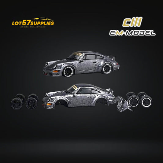 Metallic gray 1:64 scale Porsche 964 widebody diecast model by Lot57Supplies Diecast Shop, detailed view of collectible car.