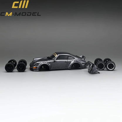 Metallic gray Porsche 964 Widebody diecast model in 1:64 scale by Lot57Supplies Diecast Shop, detailed miniature car displayed.