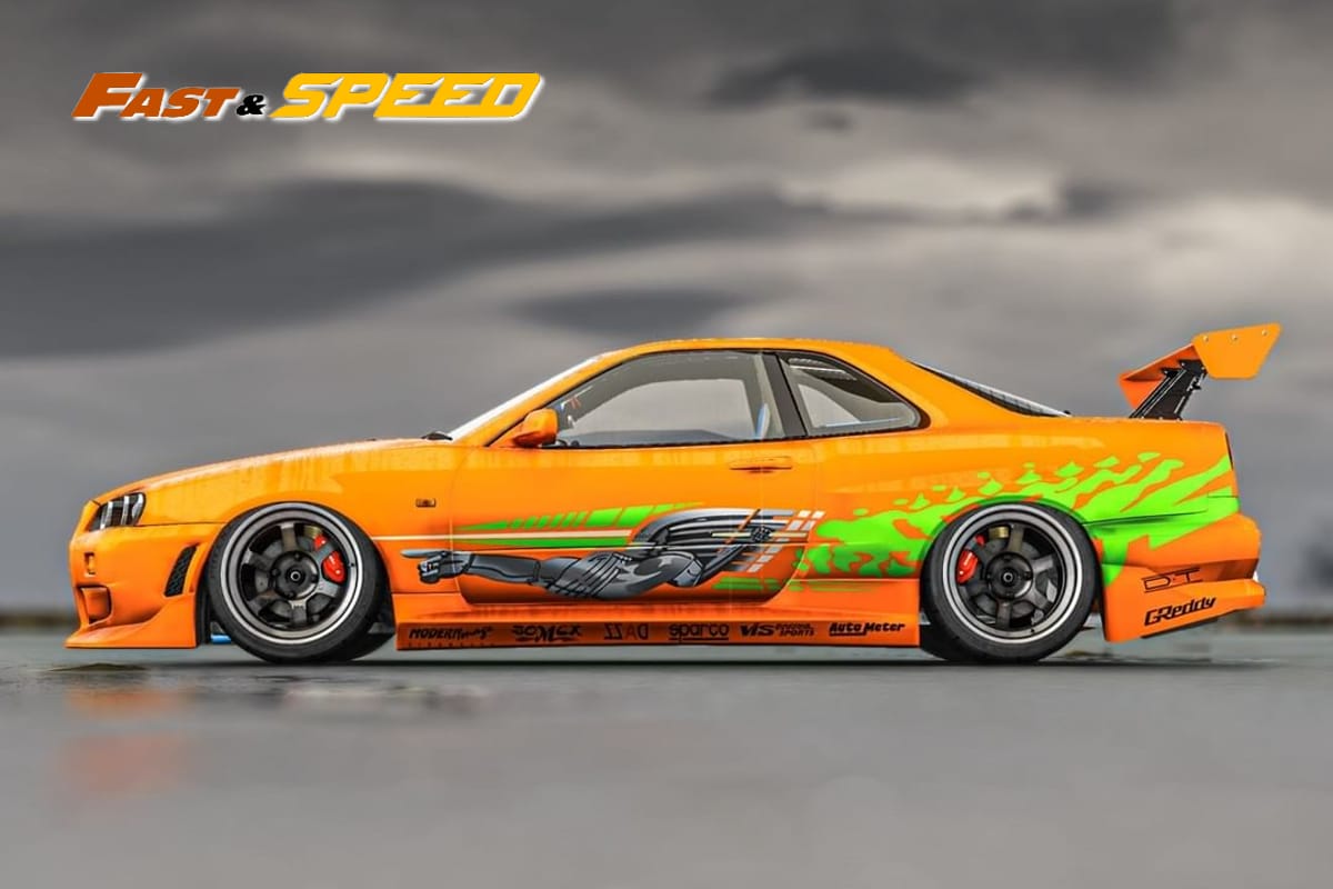 Fast Speed Nissan Skyline GT-R R34 Z-Tune HighWing Edition FNS Livery Amber Orange 1:64 - Evergreen Kings