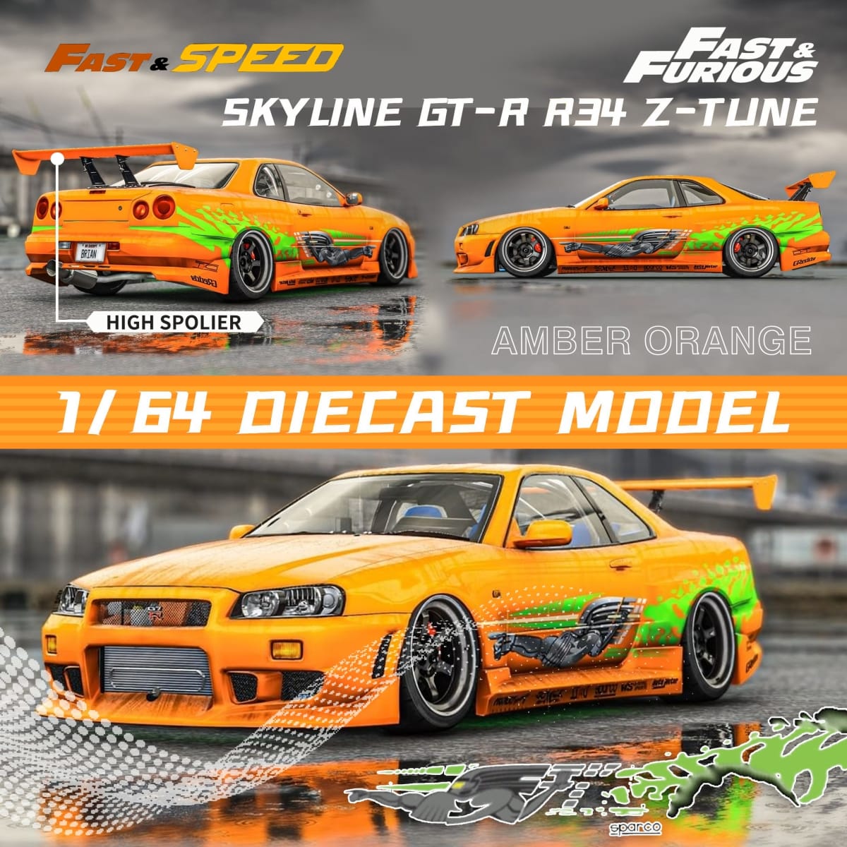 Fast Speed Nissan Skyline GT-R R34 Z-Tune HighWing Edition FNS Livery Amber Orange 1:64 - Evergreen Kings