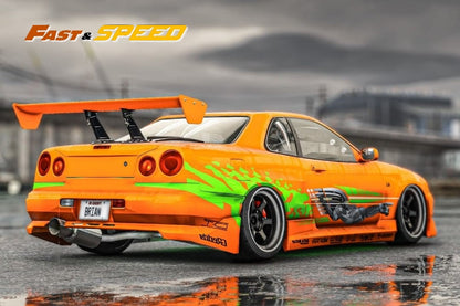 Fast Speed Nissan Skyline GT-R R34 Z-Tune HighWing Edition FNS Livery Amber Orange 1:64 - Evergreen Kings