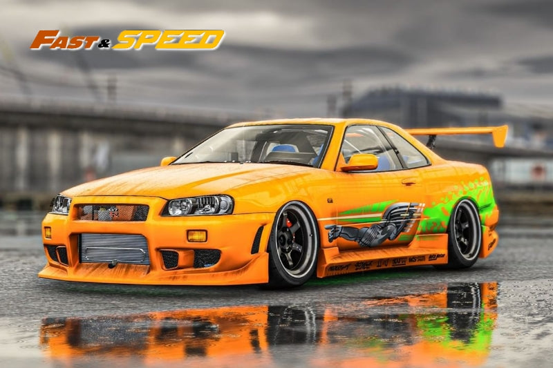 Fast Speed Nissan Skyline GT-R R34 Z-Tune HighWing Edition FNS Livery Amber Orange 1:64 - Evergreen Kings