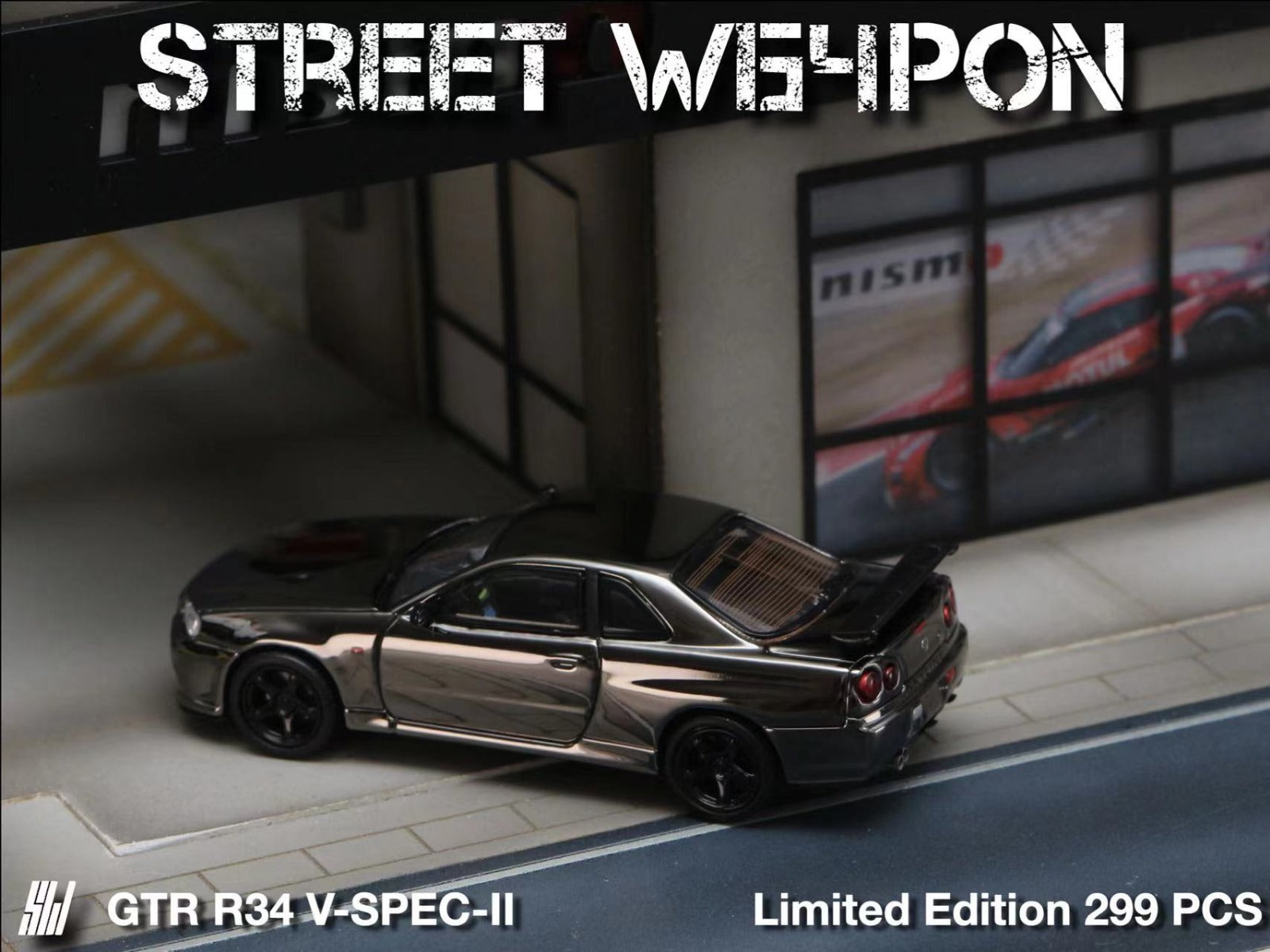 Street Weapon Skyline GT-R R34 V-SPEC-II Chrome 1:64 - Evergreen Kings