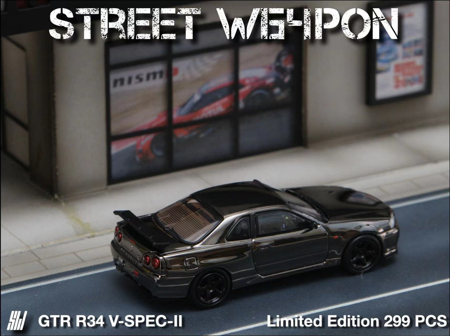 Street Weapon Skyline GT-R R34 V-SPEC-II Chrome 1:64 - Evergreen Kings