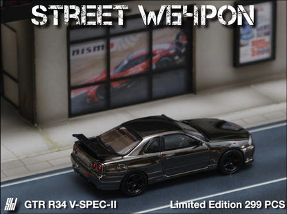Street Weapon Skyline GT-R R34 V-SPEC-II Chrome 1:64 - Evergreen Kings