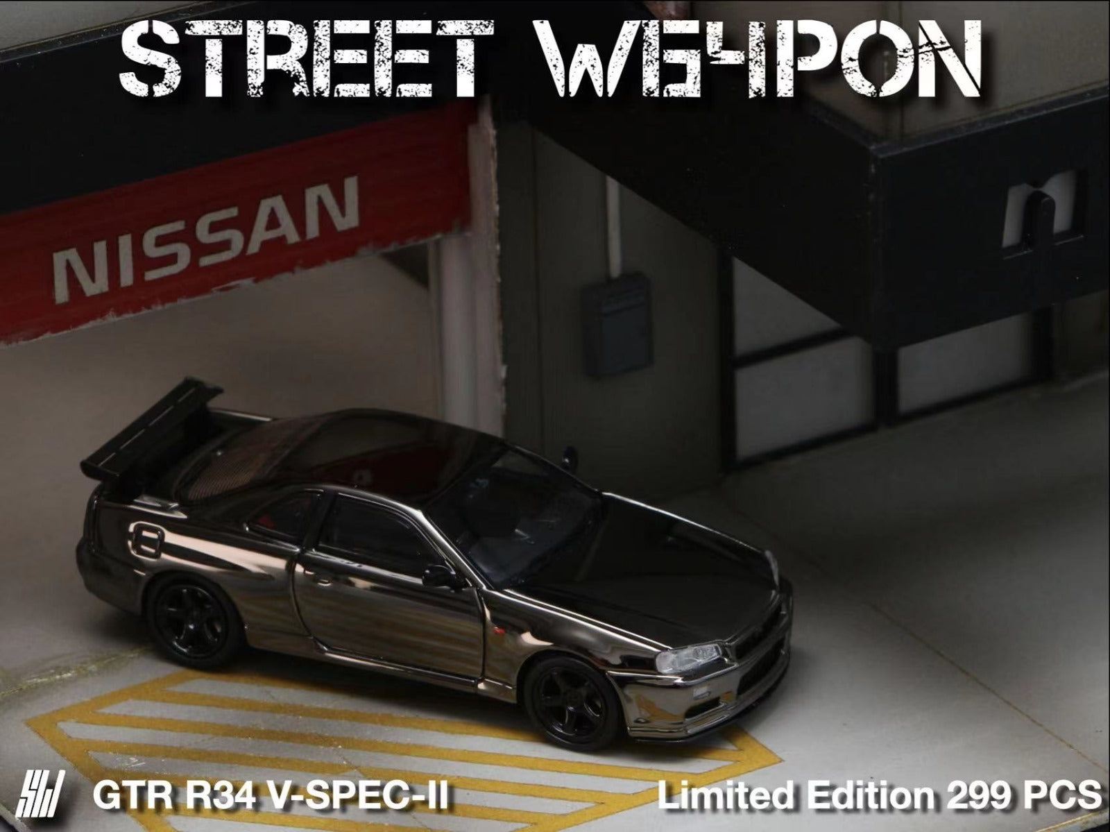 Street Weapon Skyline GT-R R34 V-SPEC-II Chrome 1:64 - Evergreen Kings