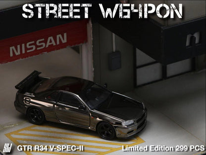 Street Weapon Skyline GT-R R34 V-SPEC-II Chrome 1:64 - Evergreen Kings