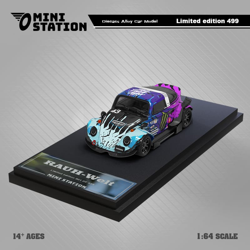 Mini Volkswagen Beetle Targa diecast car in RWB pink flower livery, 1:64 scale, showcasing detailed design and vibrant colors.