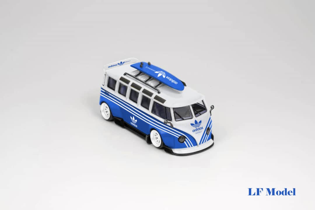 Blue and white LF Model Volkswagen T1 Kombi with surfboards, 1:64 scale diecast vehicle by Lot57Supplies Diecast Shop