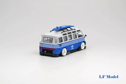 Blue and white LF Model Volkswagen T1 Kombi diecast with surfboards, 1:64 scale, detailed miniature vehicle.