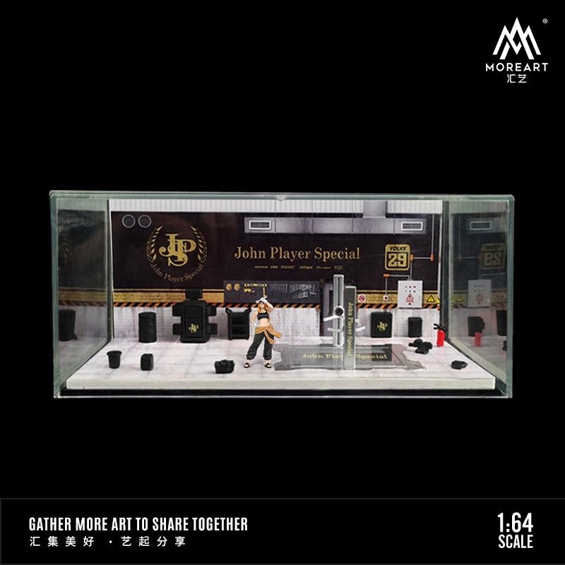 MoreArt 1:64 scale JPS livery diecast car from Lot57Supplies, showcasing detailed automotive repair workshop design.
