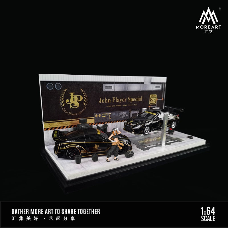 MoreArt 1:64 scale diecast model of a JPS livery racing car from Lot57Supplies Diecast Shop, detailed automotive repair workshop design.