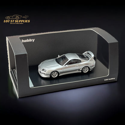 Silver 1:64 scale Toyota Supra JZA80Z diecast model by Lot57Supplies Diecast Shop, detailed view of the miniature car.