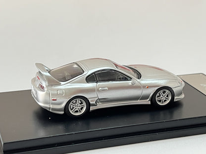 Silver 1:64 scale Toyota Supra JZA80Z diecast model by Lot57Supplies, detailed view showing the sleek design and realistic features.