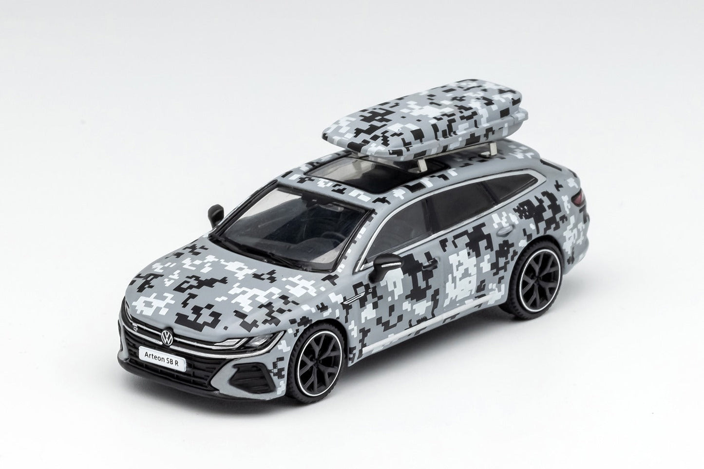 Grey urban camouflage Volkswagen Arteon R diecast model in 1:64 scale, detailed replica by Lot57Supplies Diecast Shop.