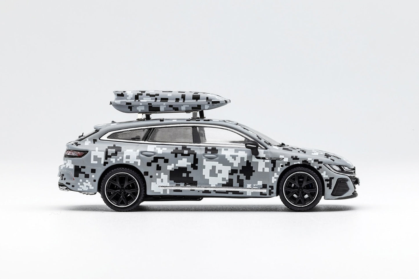 Gray Volkswagen Arteon R diecast model in urban camouflage pattern, 1:64 scale, detailed miniature from Lot57Supplies Diecast Shop.