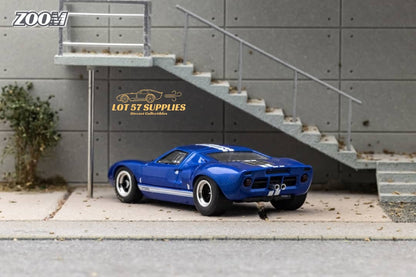 Blue Ford GT40 MK1 diecast car in 1:64 scale by Lot57Supplies, showcasing detailed design and vibrant blue color.