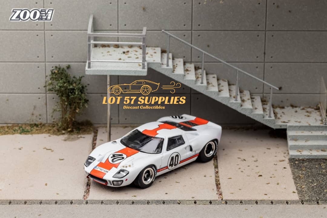 Diecast Ford GT40 MK1 in Gulf livery, 1:64 scale model by Lot57Supplies Diecast Shop, shown in detailed side view image.